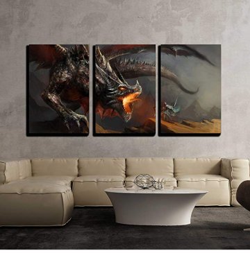 A picture of a knight fighting a dragon in a 3-piece art set.