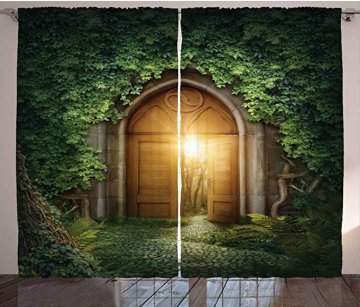 A picture of a fantasy curtain set depicting sunlight leaking through a partially open wooden portal.