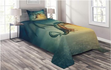 A picture of a Lunarable fantasy bed spread and pillow set depicting a dragon.