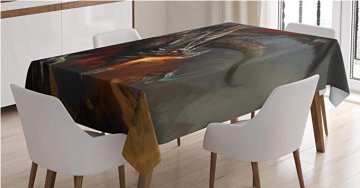 A picture of an Ambesonne fantasy table cloth laid over a dining room table.